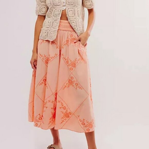 Free People Waverly Pants Floral Embroidered Smocked Sun Blush S - Picture 1 of 7